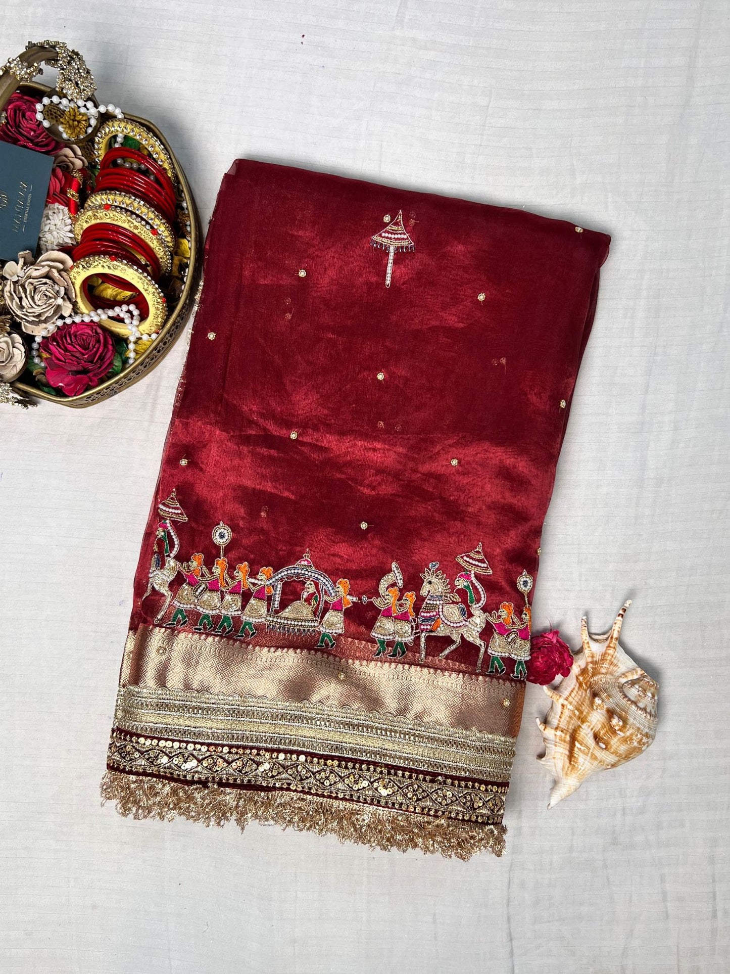 βMaroon Barat bridal saree with intricate traditional embroidery for weddingsβ