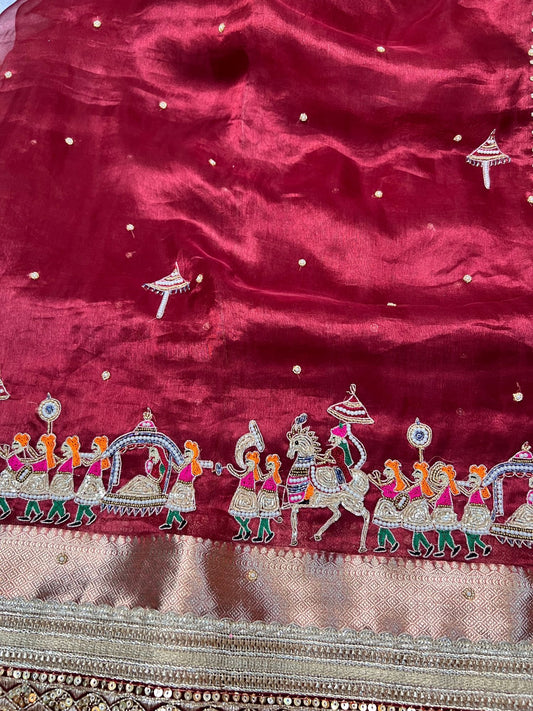 “Maroon Barat bridal saree with intricate traditional embroidery for weddings”