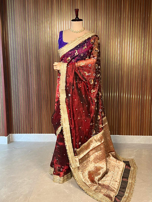 Maroon Banarasi Tissue Silk Saree Iraa with Hand-Embroidered Animals Dummy View