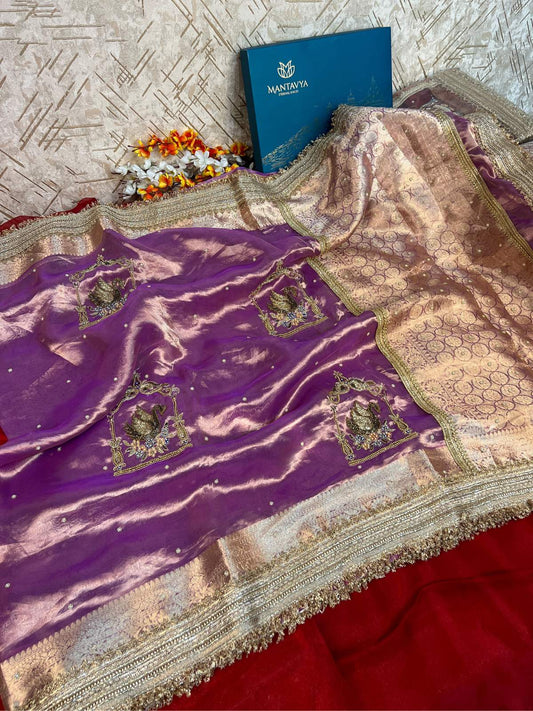 Lavender Tissue Silk Saree Shahi Hans with Swan Full View