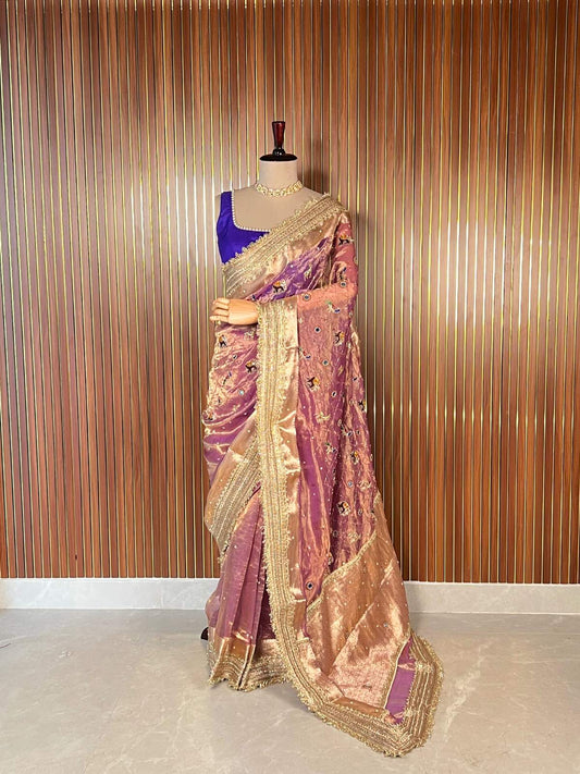 Lavender Banarasi Tissue Silk Saree Iraa with Hand-Embroidered Animals Dummy View