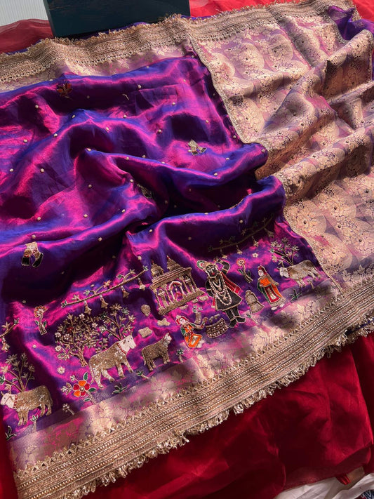 Purple Tissue Silk Saree dhoop chav with Hand Embroidered Shree Nath Ji full view