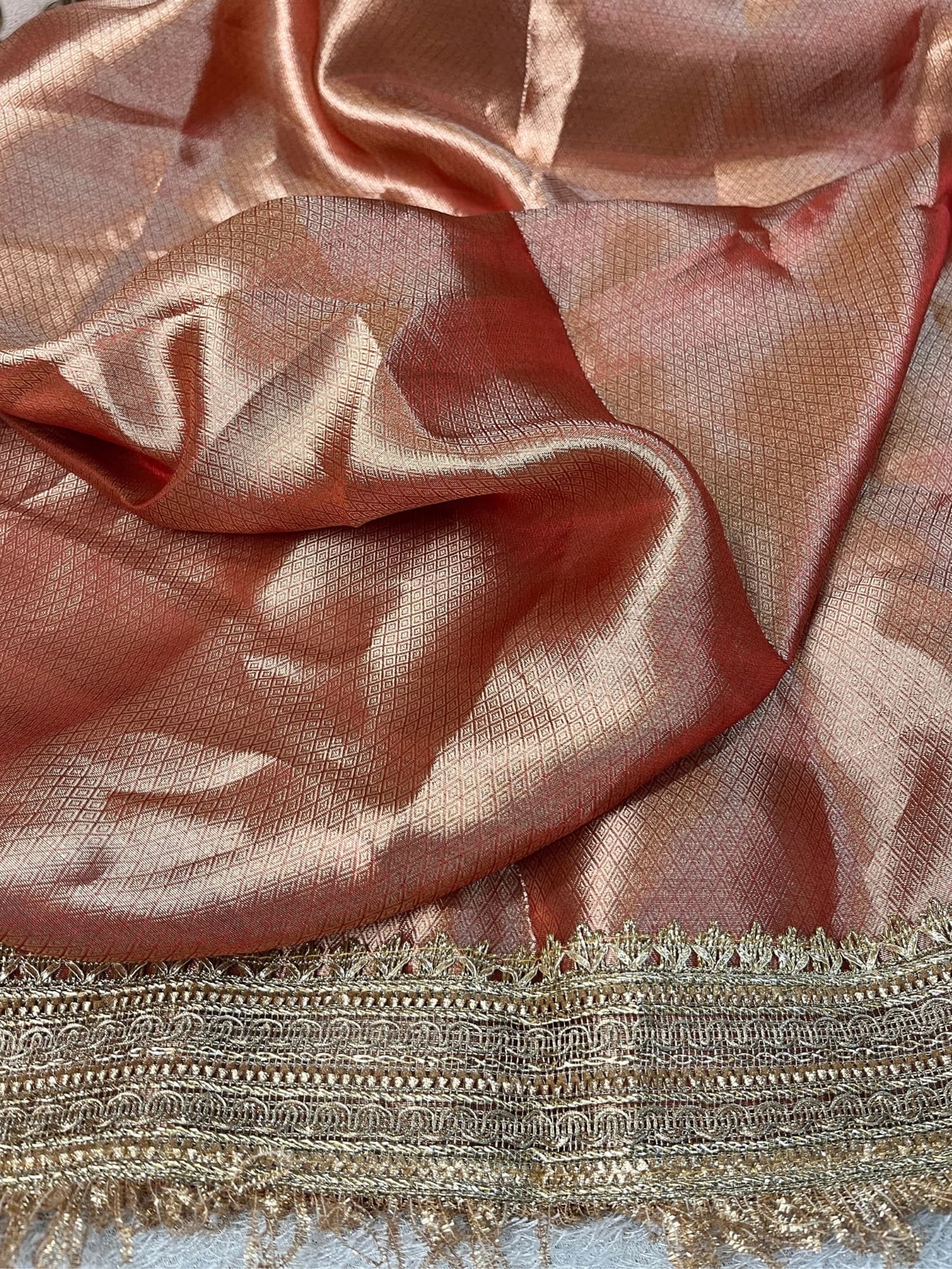 Hand Embroidered Red Banarasi Tissue Silk Saree with flower buta, gota patti border, brocade aachal, and unstitched brocade blouse piece