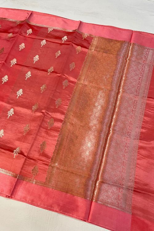 Pink Raw Mango Silk Saree with satin border, buti motifs, zari aachal, and unstitched brocade blouse – handcrafted Banarasi saree.