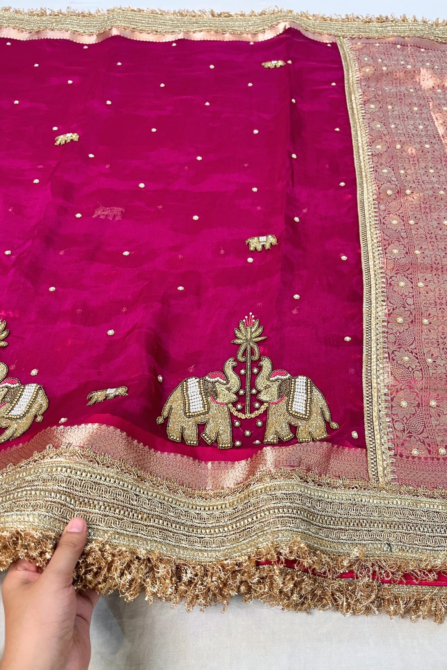 Hand-Embroidered Pink Tissue Silk Saree with Twin Elephant Buta Design