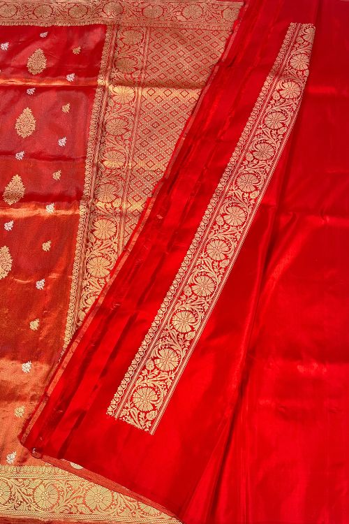 Red Banarasi Kora Tissue Silk Saree with gold and silver zari buti and paisley aanchal