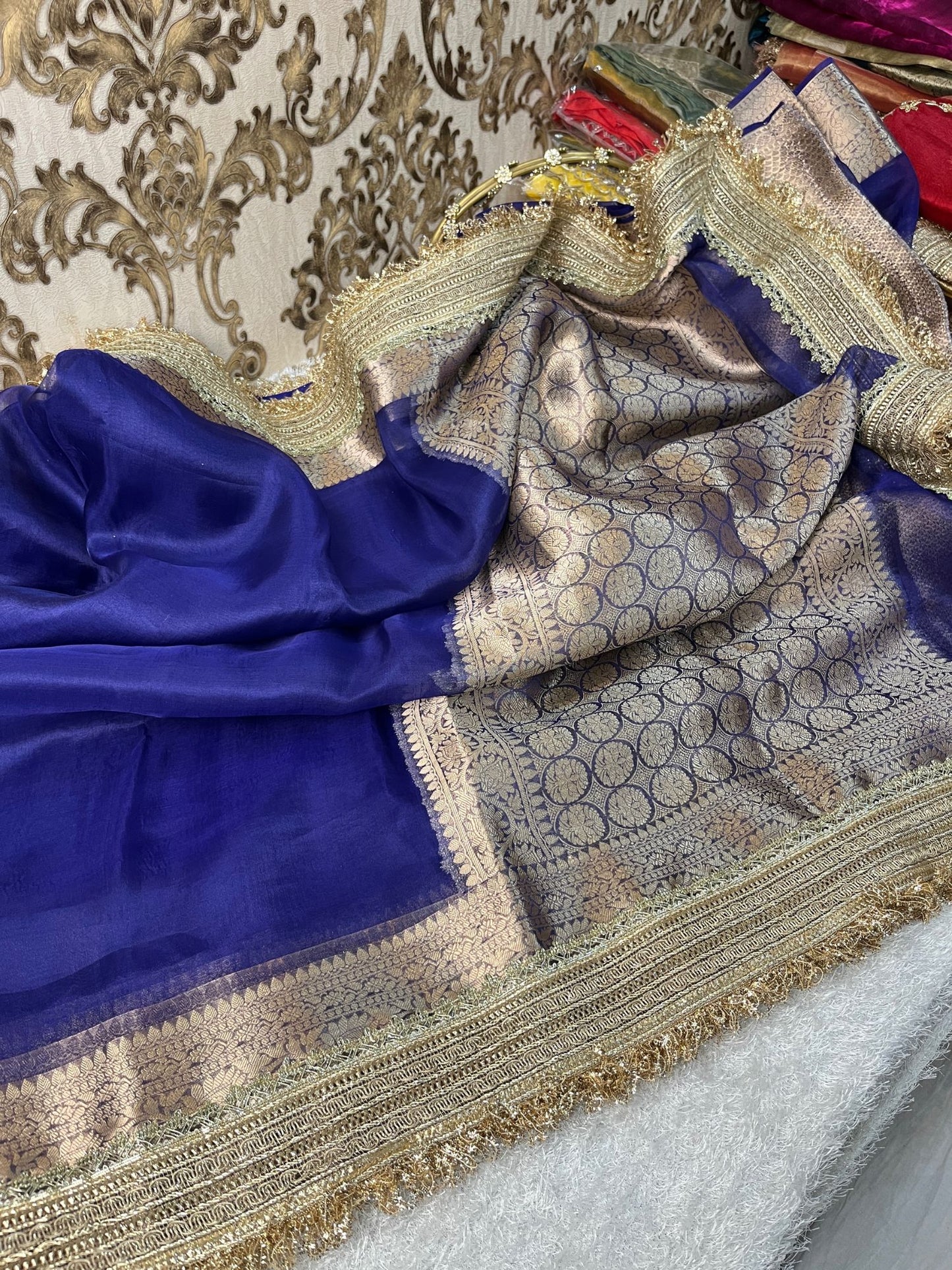 Indigo pure Banarasi tissue silk saree with gota patti border, brocade aachal, and unstitched brocade blouse, handwoven in Varanasi.
