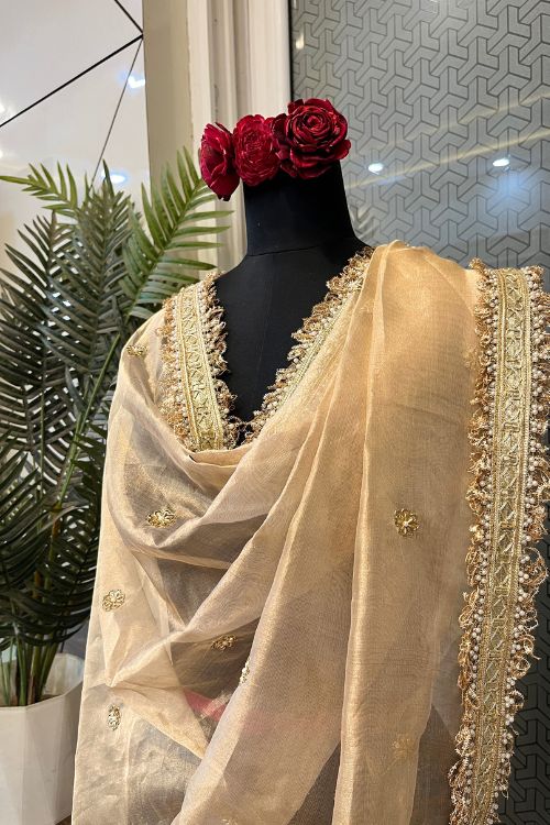 Golden Hand Embroidered Tissue Silk Dupatta