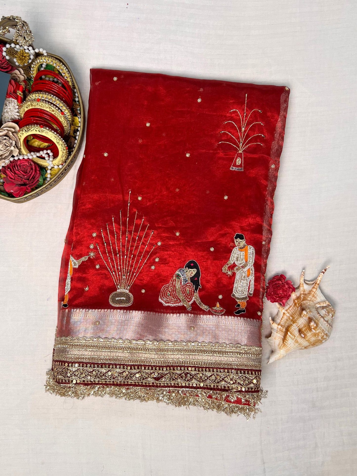 βRoyal Red Diwali saree with elegant festive embroideryβ