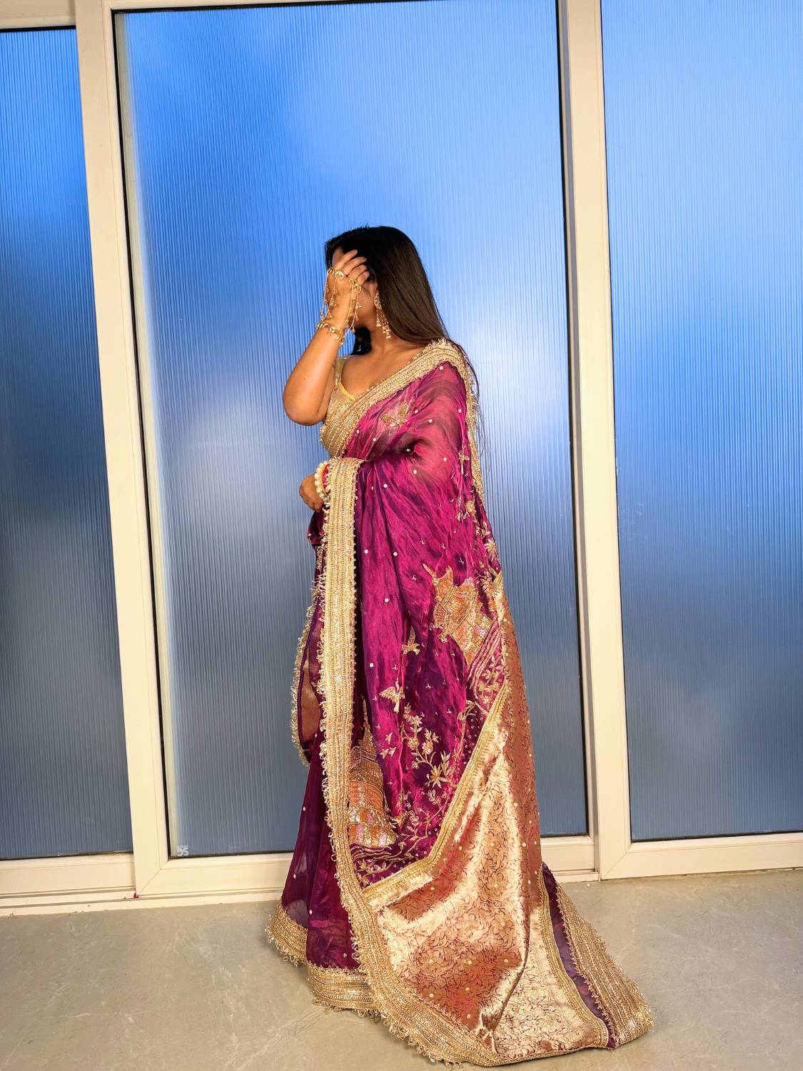 Purple Pure Banarasi Tissue Silk Saree Jharokha with Hand Embroidered Floral ,Bird and Temple model view