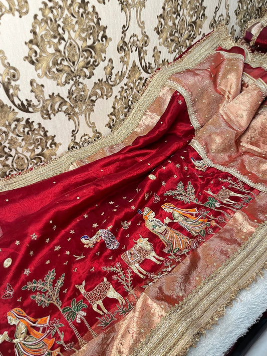Royal Red Radha Krishna Motif Banarasi Tissue Silk Saree