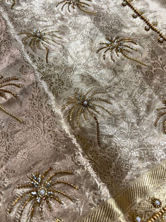 Champagne Gold Brocade Tissue Silk Saree with Silver Zari Work Closeup View