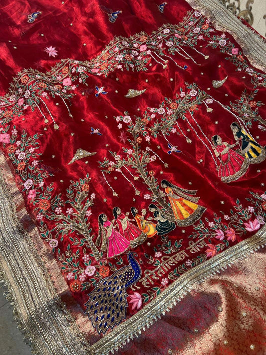 Royal Red Teej Tissue Silk Saree Close up view 01