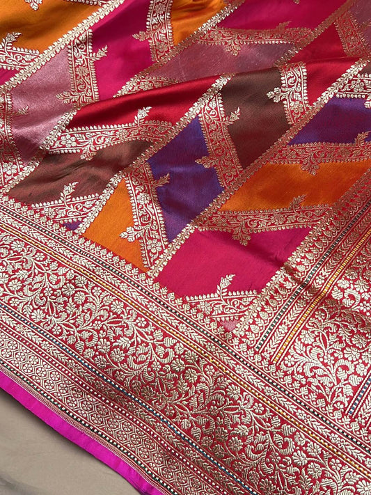 Red Katan Silk Saree with geometric closeup view 02