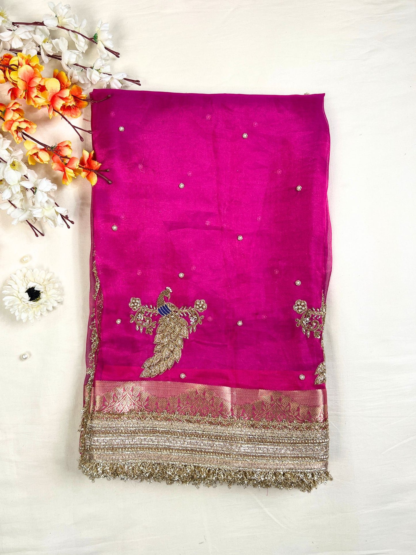 Hot Pink Mayur Tissue Silk Saree front view