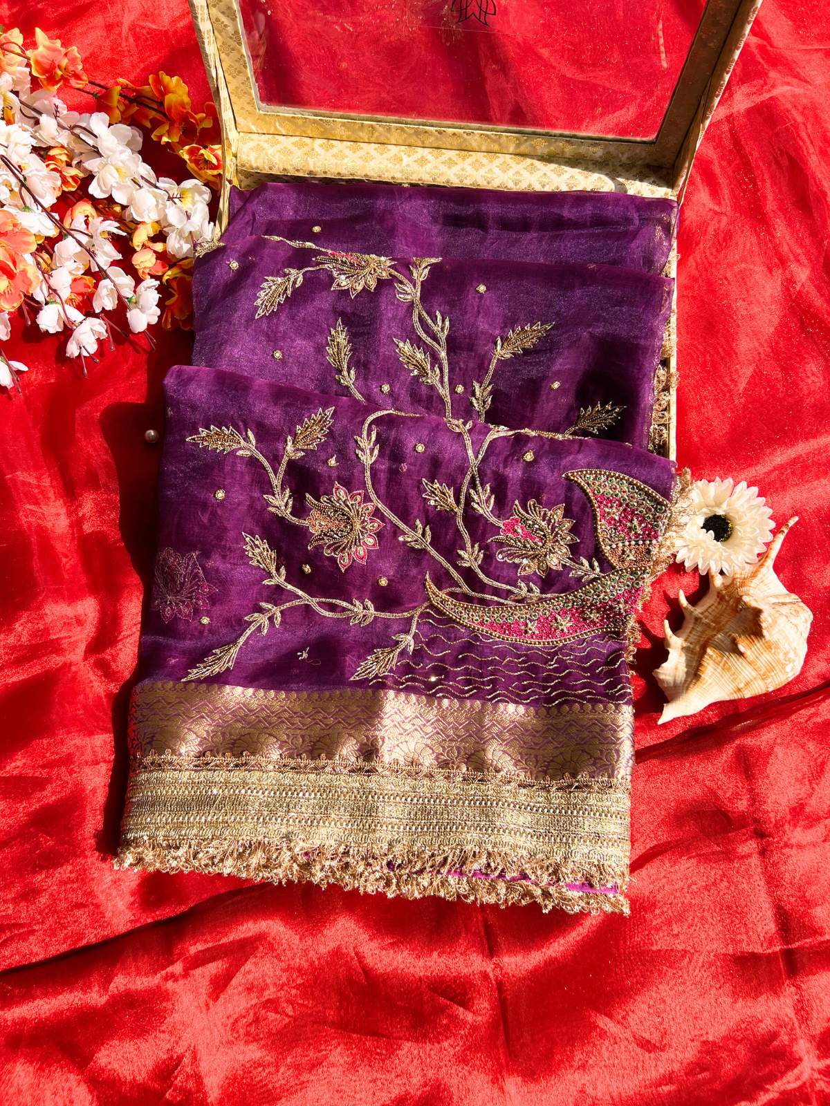 Purple Pure Tissue silk saree with Hand Embroidered Chirag front view