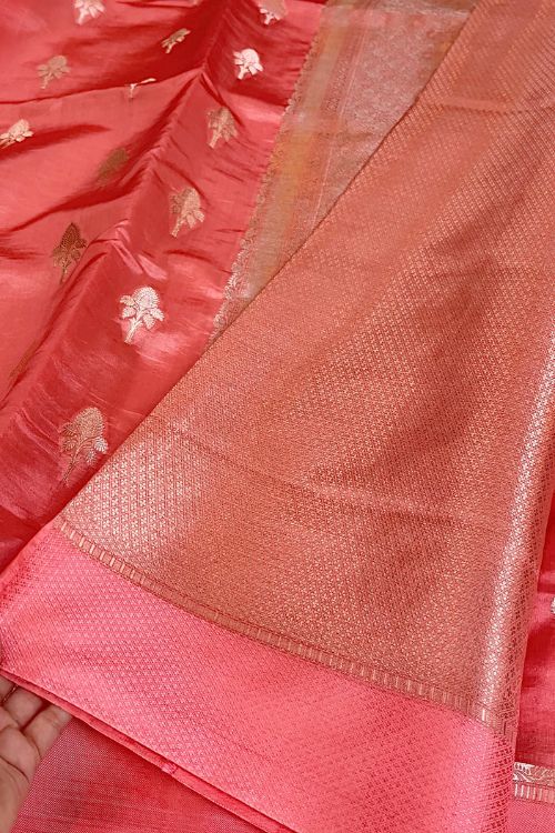 Pink Raw Mango Silk Saree with satin border, buti motifs, zari aachal, and unstitched brocade blouse – handcrafted Banarasi saree.