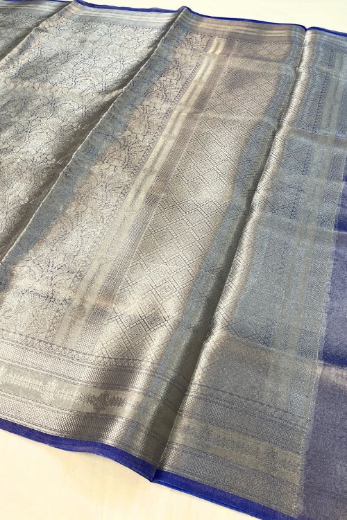 Blue Brocade Tissue Silk Saree with intricate silver zari design and unstitched brocade blouse