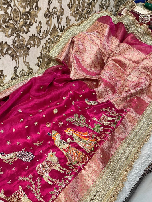 Hot Pink Radha Krishna Motif Banarasi Tissue Silk Saree