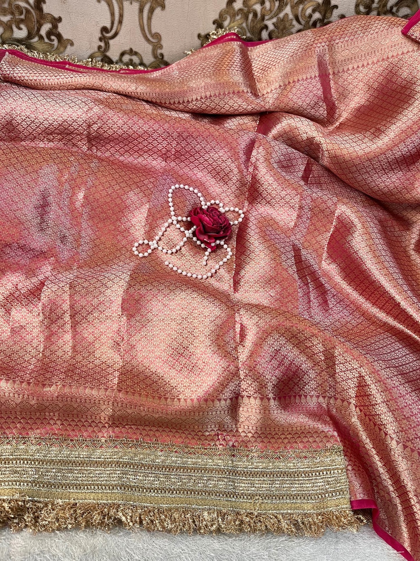 Royal Red Radha Krishna Motif Banarasi Tissue Silk Saree
