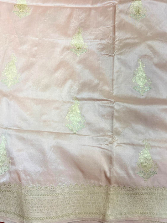 Beige Katan Silk Saree with zari buti closeup view 01