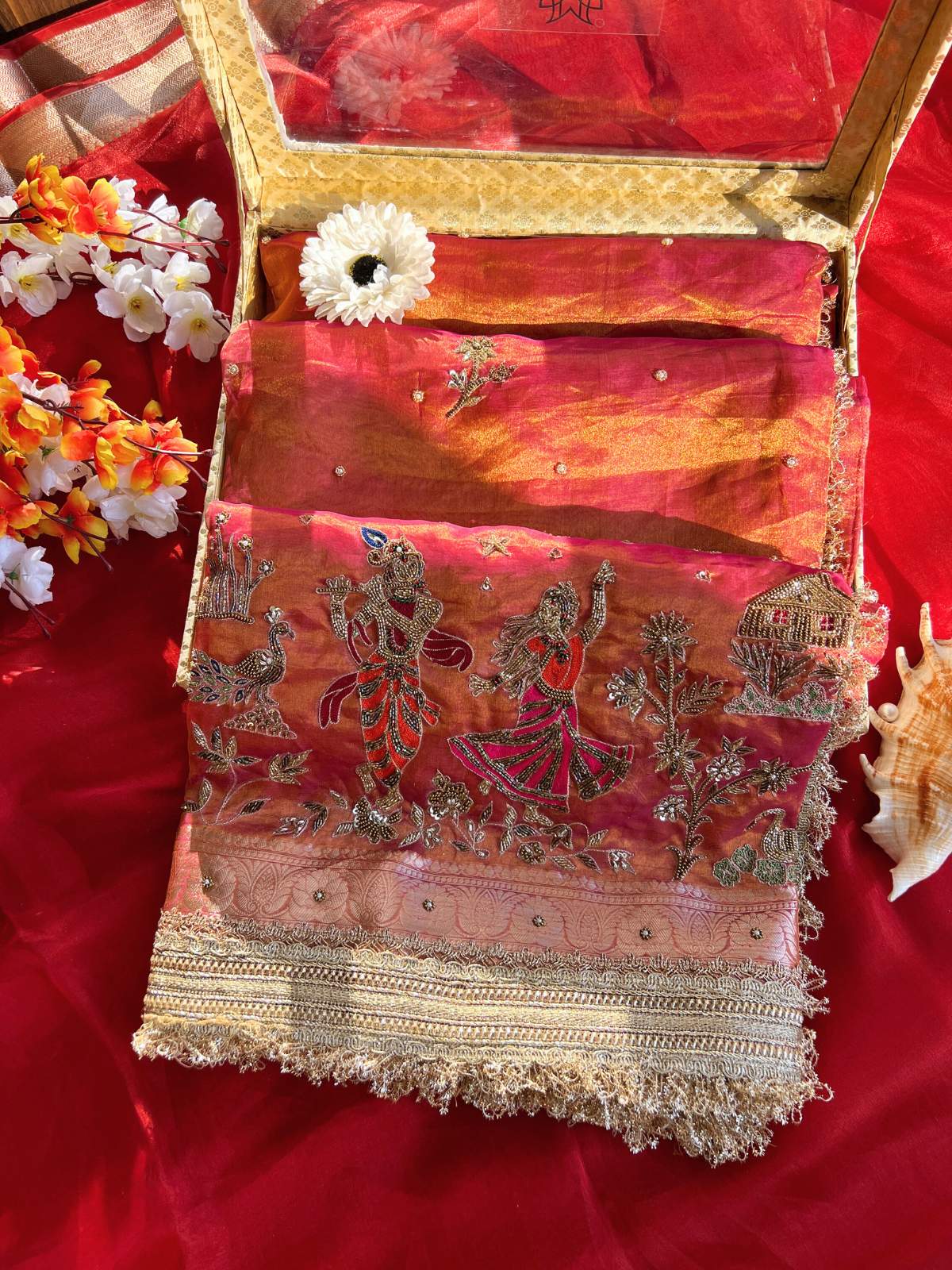 Dual Shade Pure Banarasi Tissue Silk Saree Vrindavan with Hand Embroidered Peacock and floral Motif front view