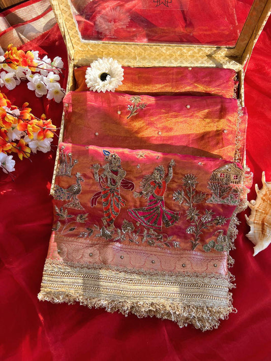 Dual Shade Pure Banarasi Tissue Silk Saree Vrindavan with Hand Embroidered Peacock and floral Motif front view