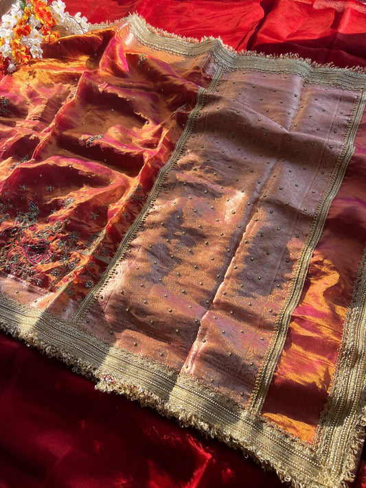 Dual Shade Pure Banarasi Tissue Silk Saree Vrindavan with Hand Embroidered Peacock and floral Motif full view