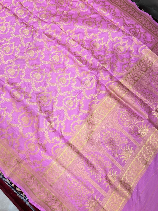 Pink Katan Silk Saree with floral jaal full view