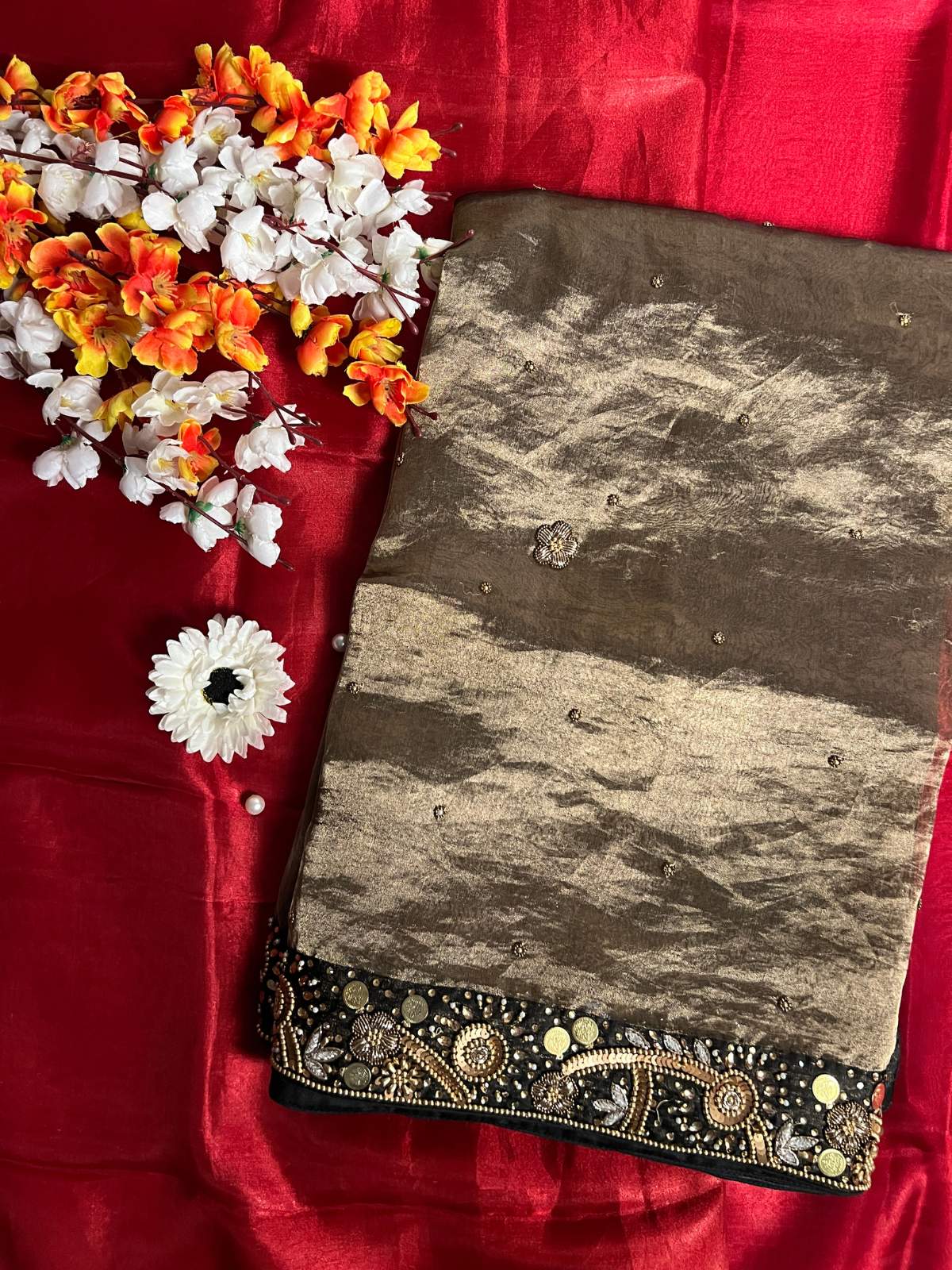 Black Tissue Silk Saree Gehna With Floral And Paisly Front View