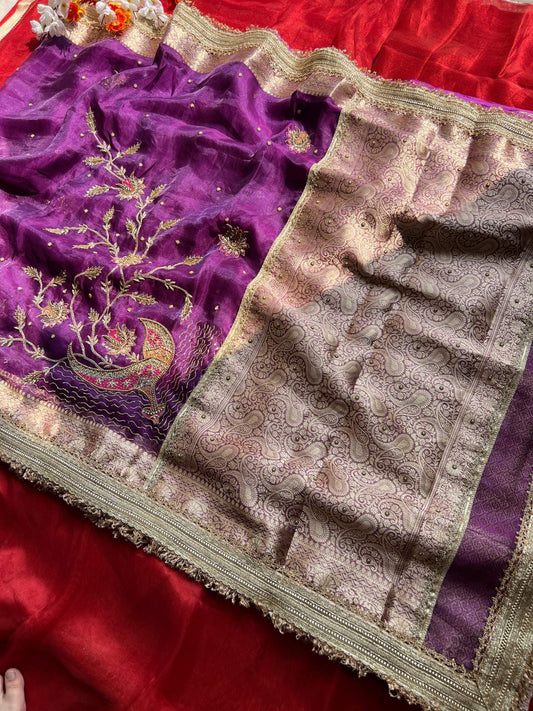 Purple Pure Tissue silk saree with Hand Embroidered Chirag full view