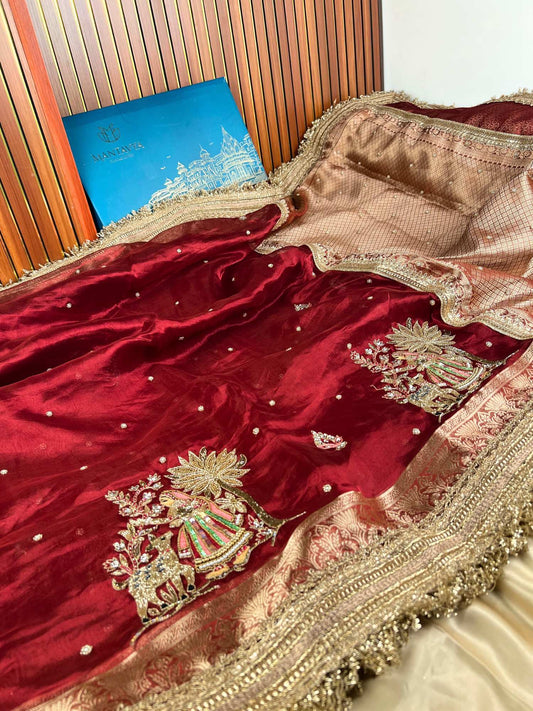 Manatavya Banaras maroon Vanika pure Banarasi tissue silk saree with intricate zari weaving, elegant floral motifs full view