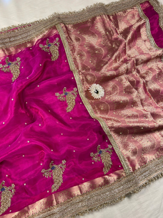 Hot Pink Mayur Tissue Silk Saree Full view