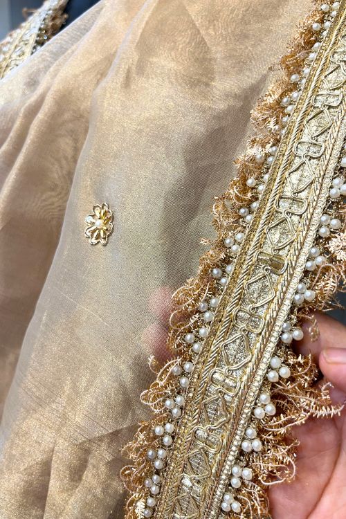 Golden Hand Embroidered Tissue Silk Dupatta