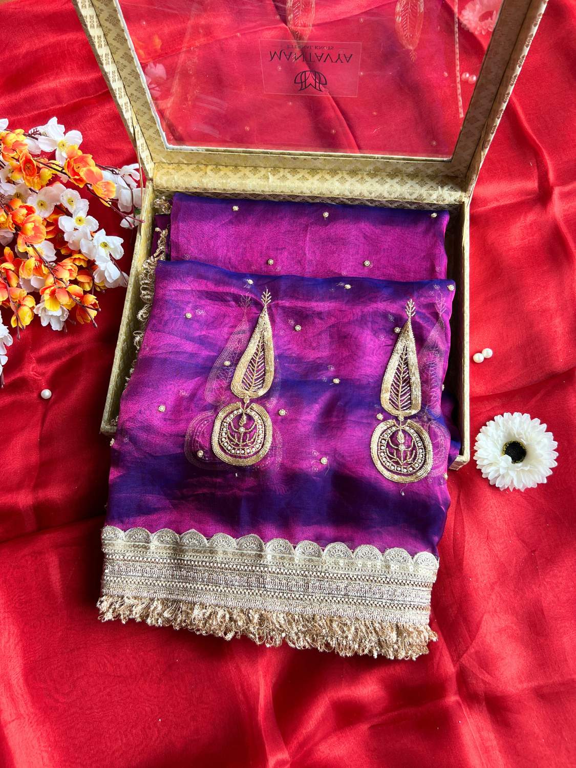 Purple Pure Banarasi Tissue Silk Saree Kalgi with Hand Embroidered Leaf Motif front view