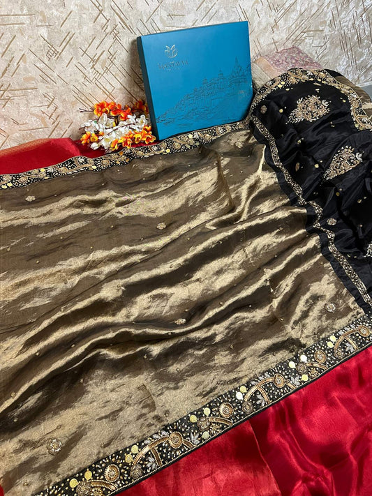 Black Tissue Silk Saree Gehna With Floral And Paisly Full View