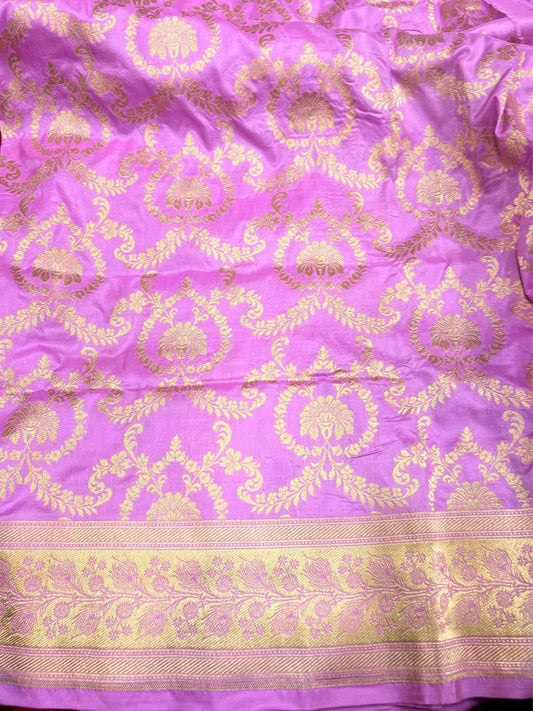 Pink Katan Silk Saree with floral jaal closeup view
