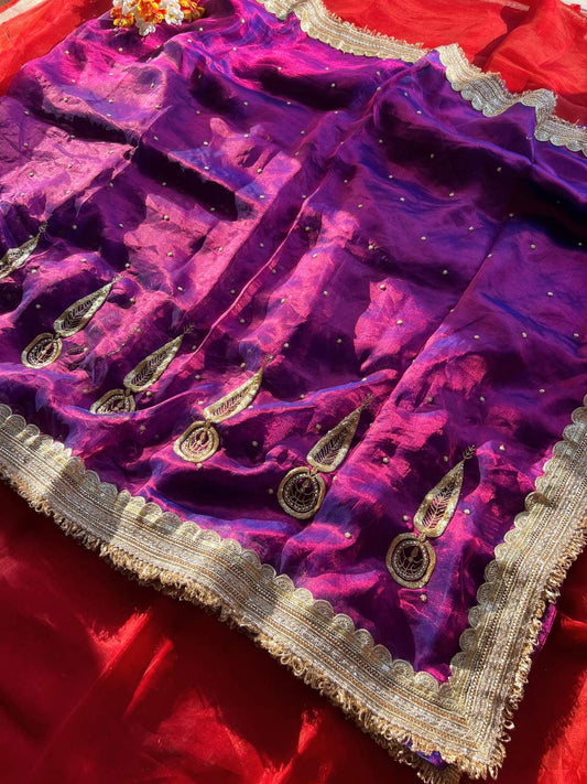 Purple Pure Banarasi Tissue Silk Saree Kalgi with Hand Embroidered Leaf Motif full view