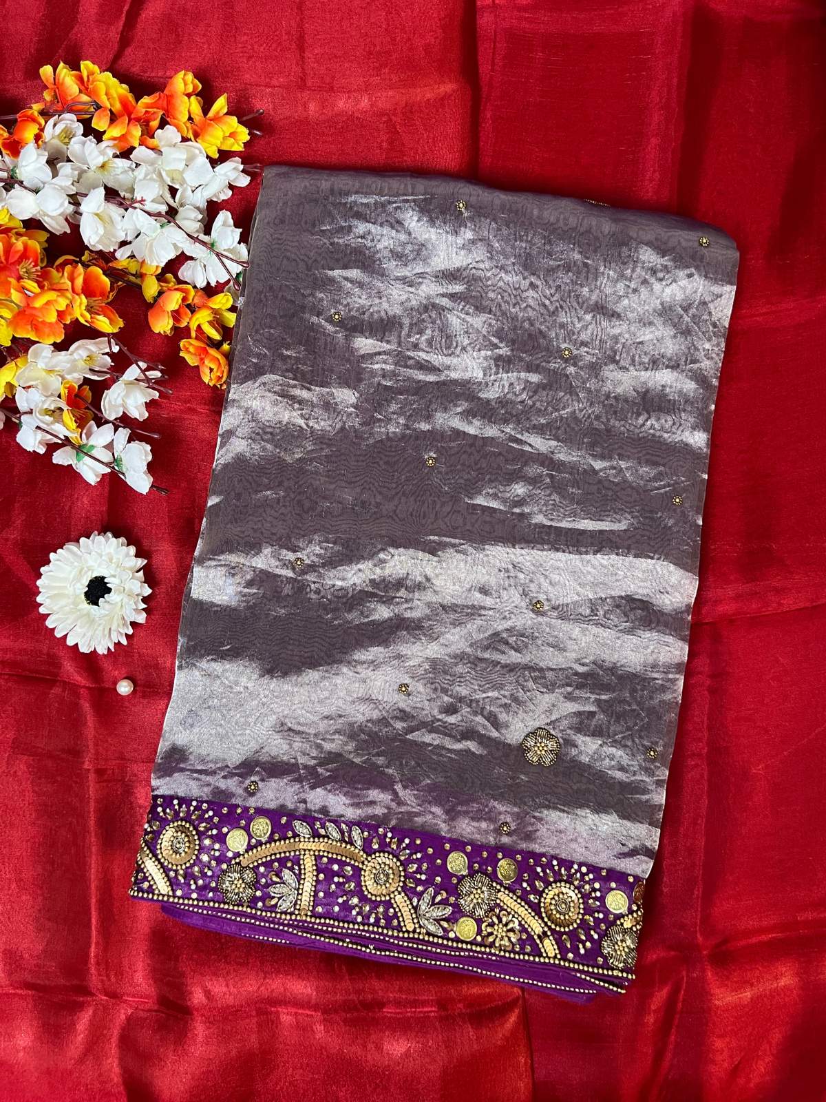 Purple Tissue Silk Saree Gehna With Floral And Paisly Front View
