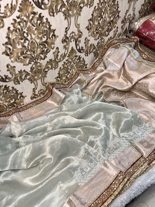 Silver Chandani Hand-Embroidered Tissue Silk Saree