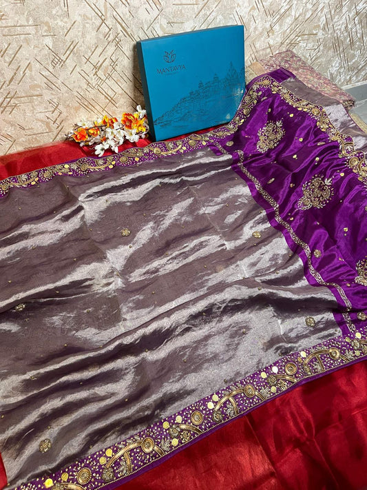Purple Tissue Silk Saree Gehna With Floral And Paisly Full View