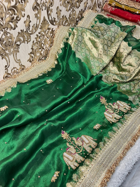 Green Gajraaj Hand-Embroidered Tissue Silk Saree with Elephant Motifs