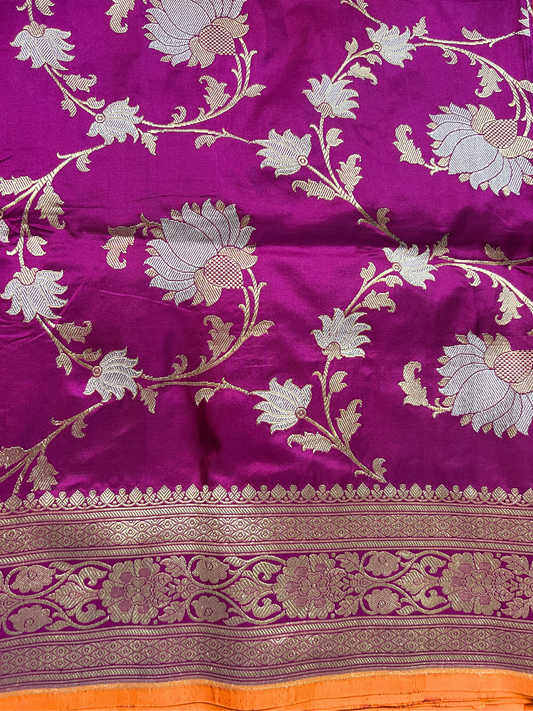 Wine Katan Silk Saree with floral closeup view