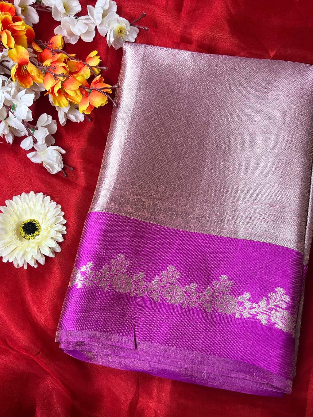 Magenta Brocade Tissue Silk Saree with Zari Work front view