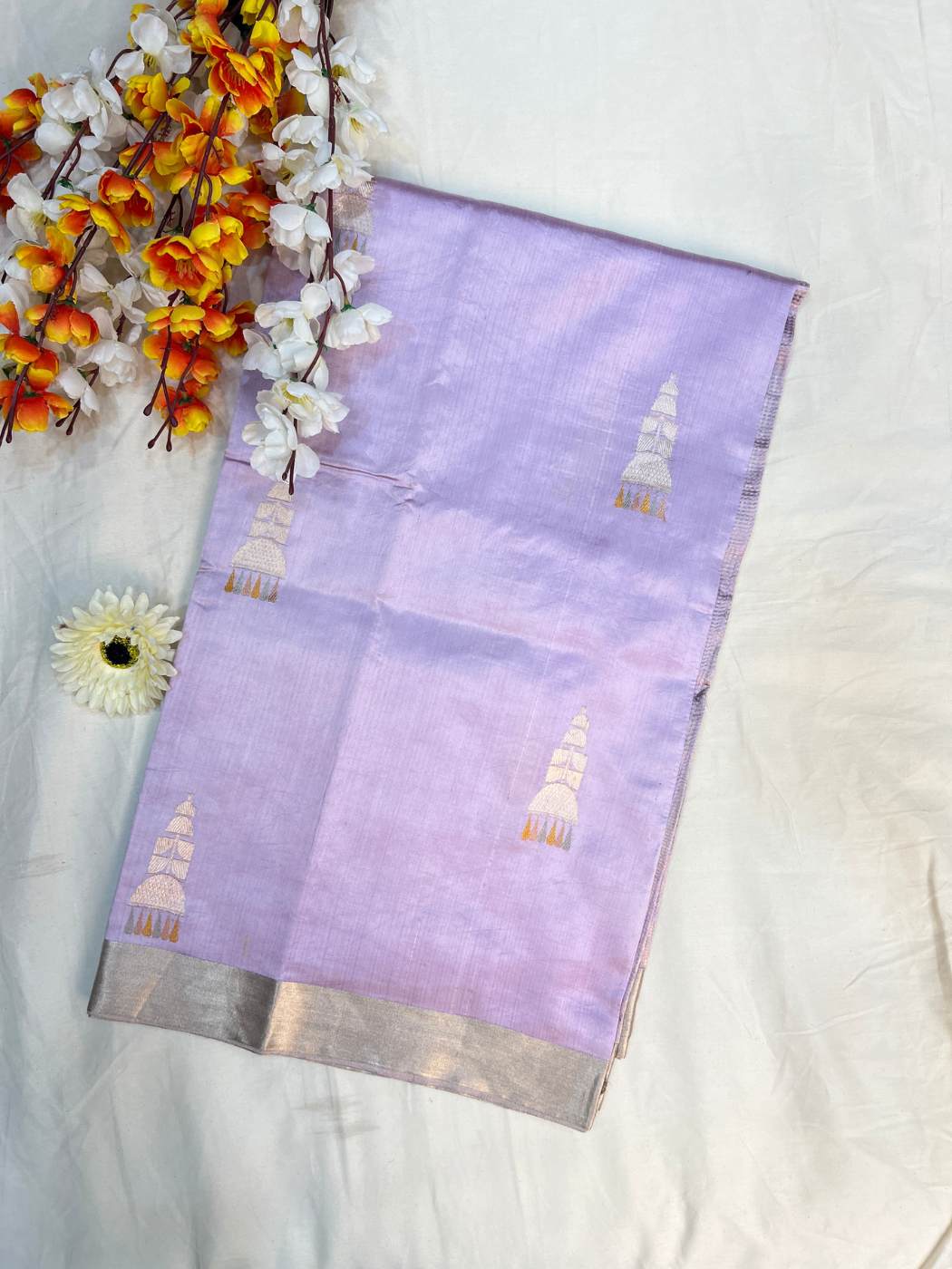 Light Lavender Katan Silk Saree with temple-inspired buta front view