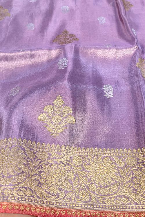 Purple Banarasi Kora Tissue Silk Saree with Red Selvedge and Golden-Silver Zari – Handwoven Pure Silk