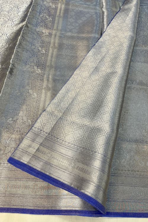 Blue Brocade Tissue Silk Saree with intricate silver zari design and unstitched brocade blouse