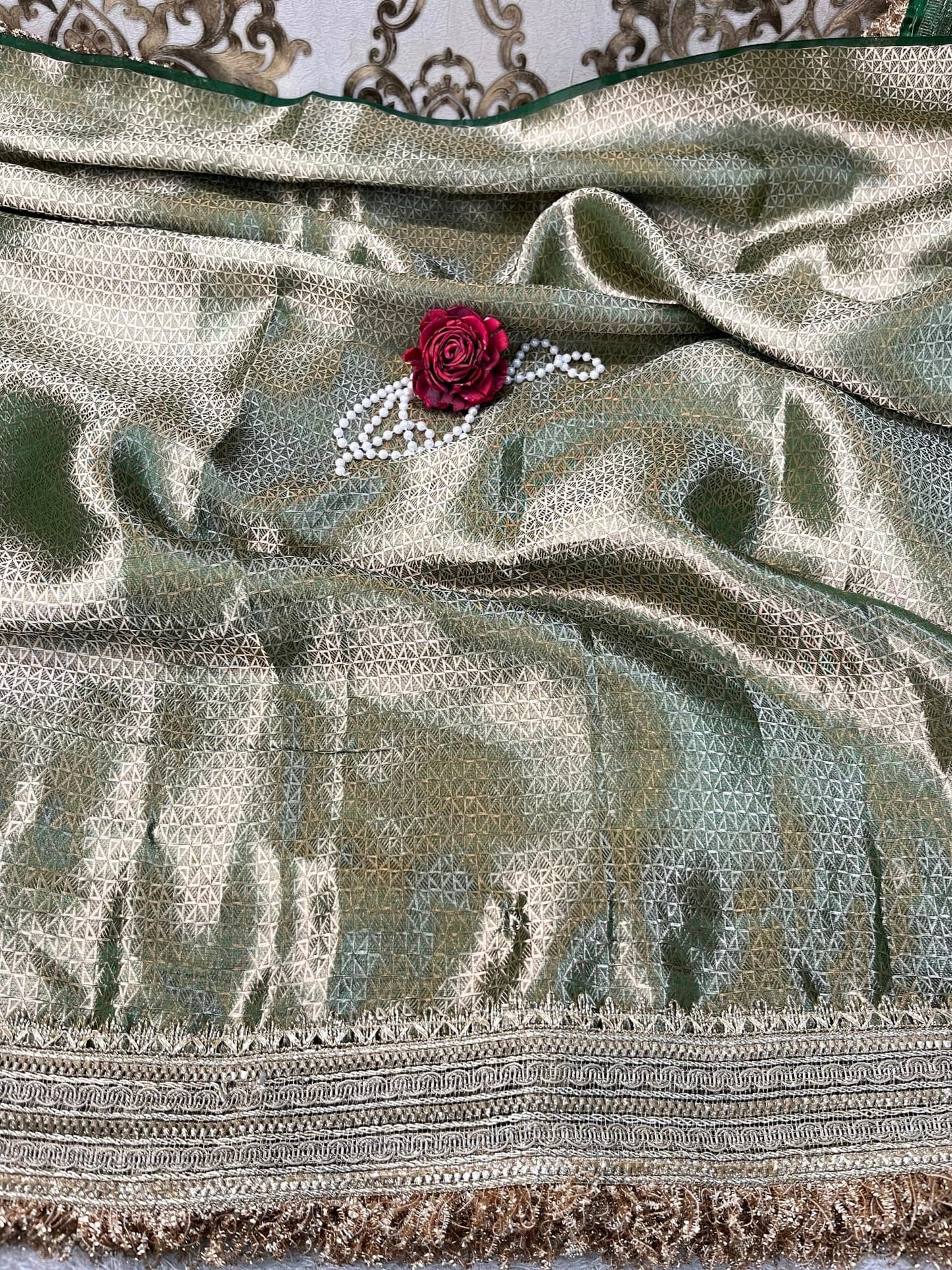 Green Gajraaj Hand-Embroidered Tissue Silk Saree with Elephant Motifs