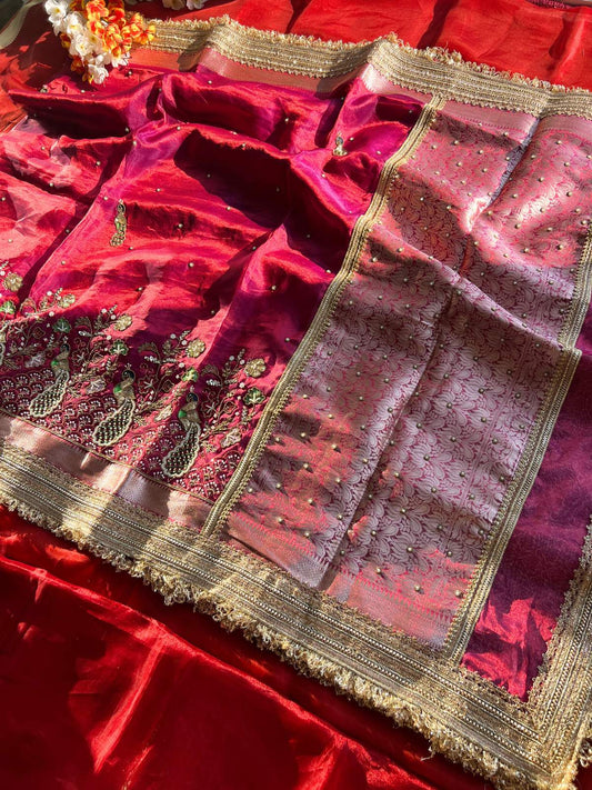 Hot Pink Pure Banarasi Tissue Silk Saree Panchhi with Hand Embroidered Peacock and floral full view