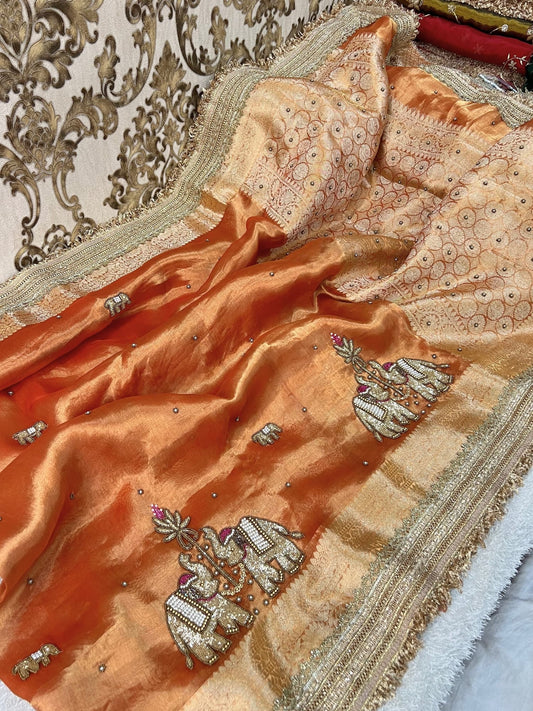 Orange Tissue Silk Saree - Gajraaj